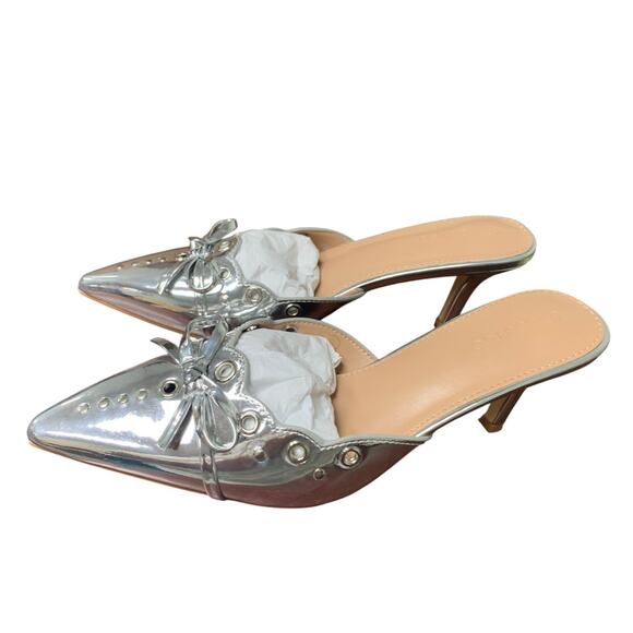 Coutgo Womens Size 8 Silver Mirror Bow Tie Slide On 3.25" Heel Pointed Toe Shoes - Picture 1 of 4